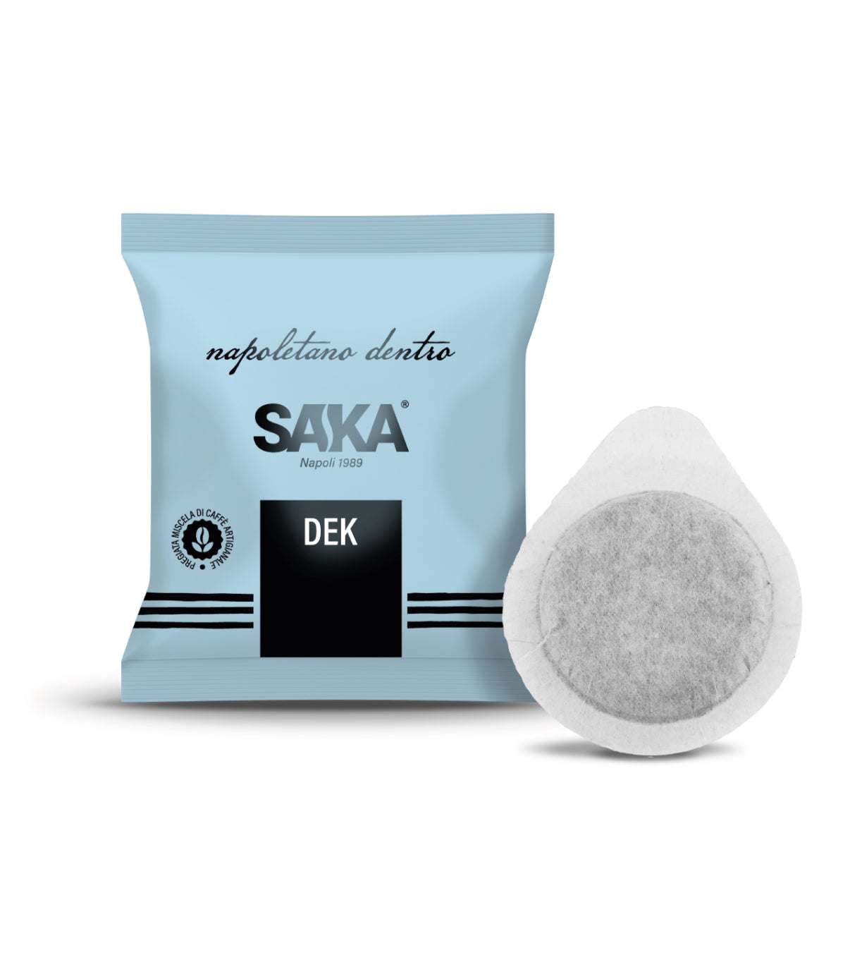 Box of Saka Caffé Decaf Ese Pods 50 pack with medium acidity and full-bodied decaf coffee blend
