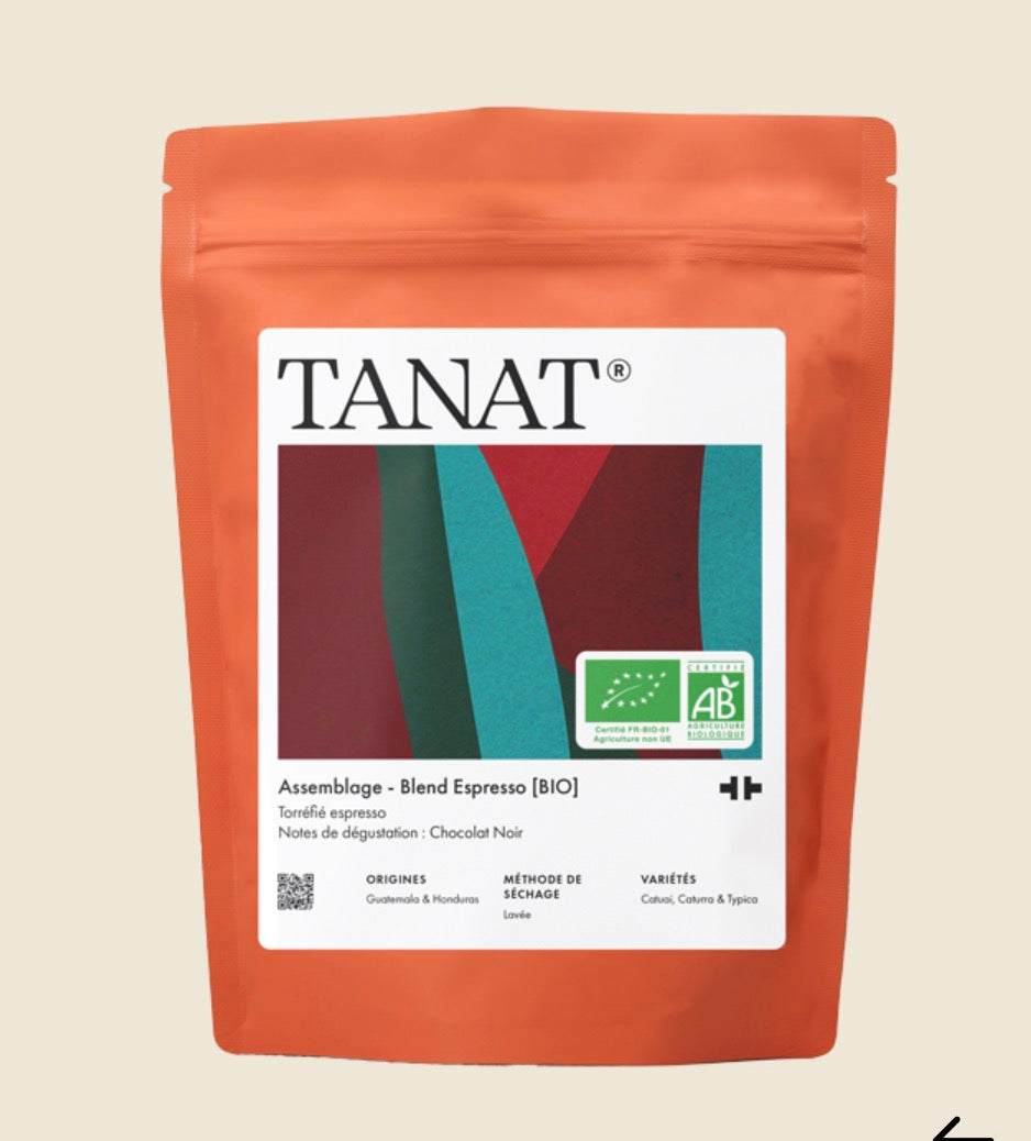 Organic Tanat Espresso Blend coffee bag with dark chocolate tasting notes and French roast profile