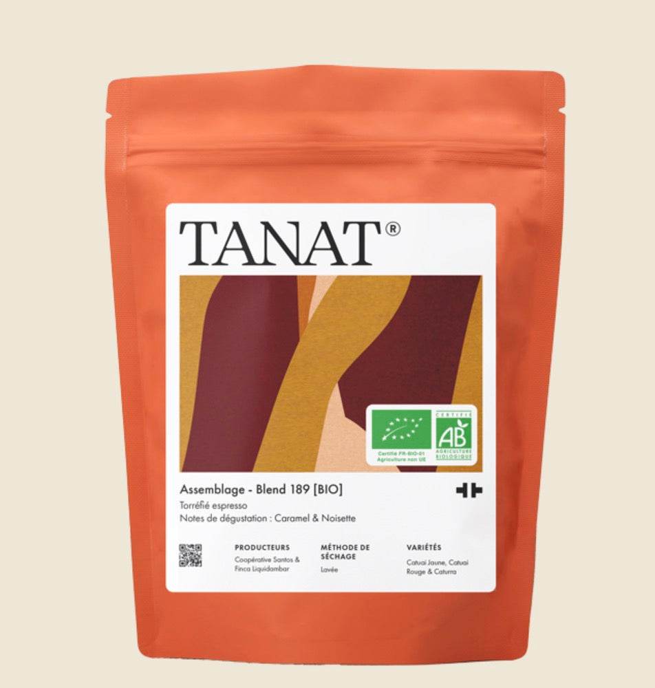Blend 189 Organic whole bean coffee bag with caramel and hazelnut tasting notes