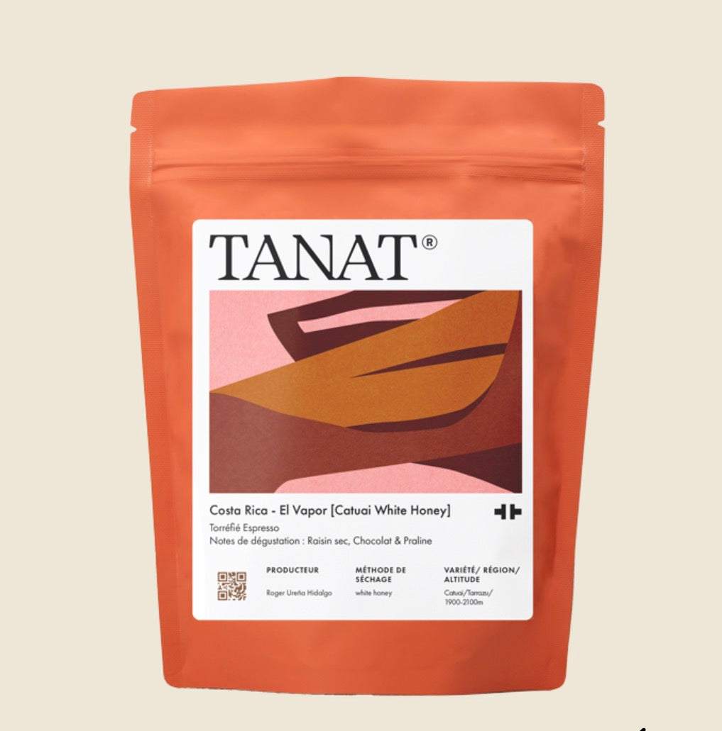 El Vapor Costa Rica coffee bag with Catuai White Honey roasting and tasting notes of raisins, chocolate, and praline