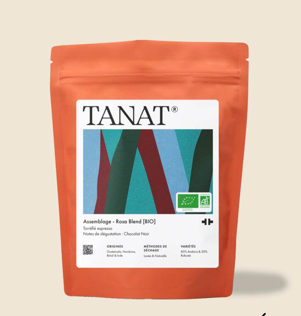 200g organic Rosa Blend whole bean coffee with dark chocolate notes, Arabica and Robusta, espresso roast