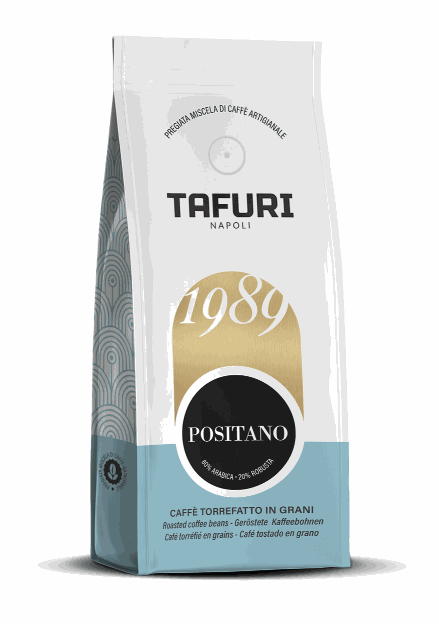 Saka Tafuri Positano coffee bag with Amalfi coast design, medium roasted blend of Arabica and Robusta beans